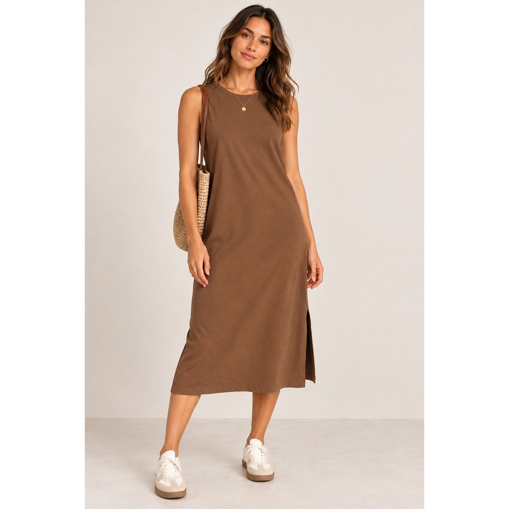 Everlane Brown Organic Cotton Muscle Midi Dress Sleeveless Side Slit Medium